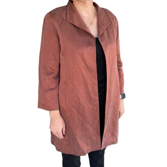 Eileen Fisher Rust Organic Linen Silk Satin Open Front Coat Sz. Medium MSRP $398 - Picture 2 of 6